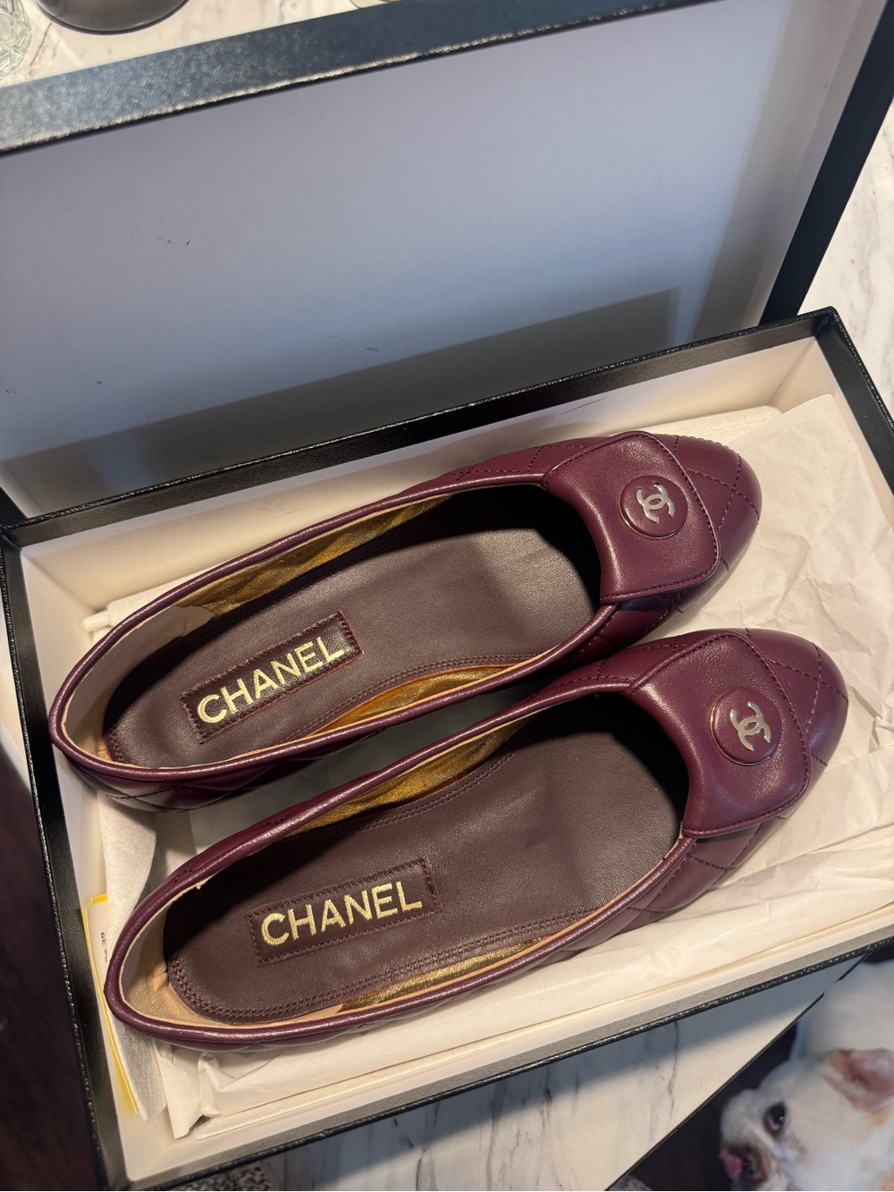 CHANEL Plum Quilted Leather Ballet Flats with CC Medallion